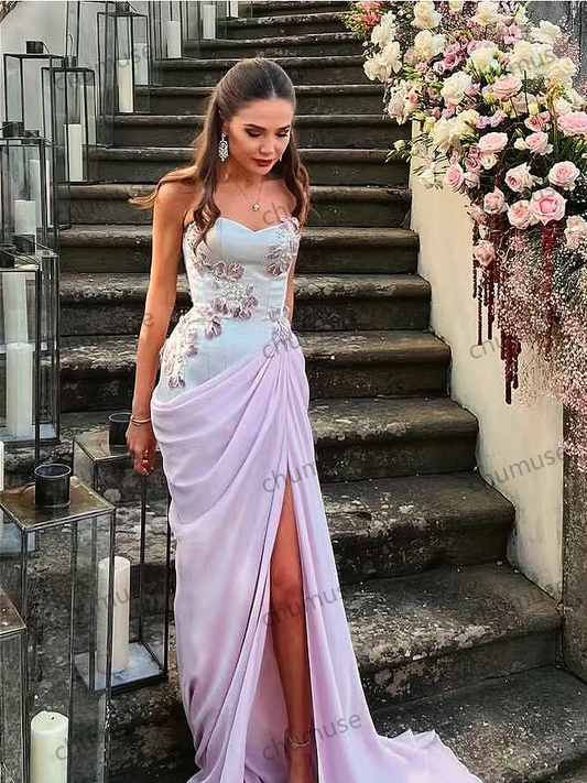 Vestido largo de lujo rosa sin mangas con top de tubo y apliques florales de satén