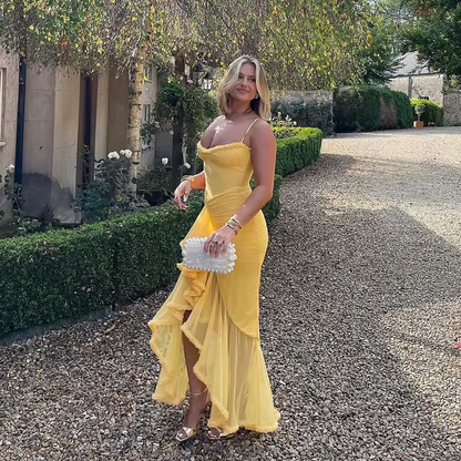 Nouveautés Robe moulante à bretelles spaghetti Robe longue froncée tendance pour femmes