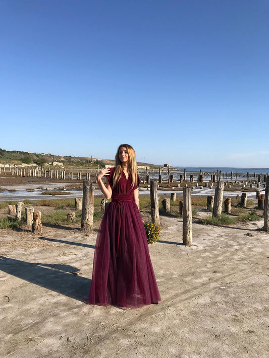Vestido de fiesta largo burdeos, Vestido de novia de tul, Vestido de noche formal, Vestido maxi infinito, Vestido de fiesta de graduación, Vestido de dama de honor