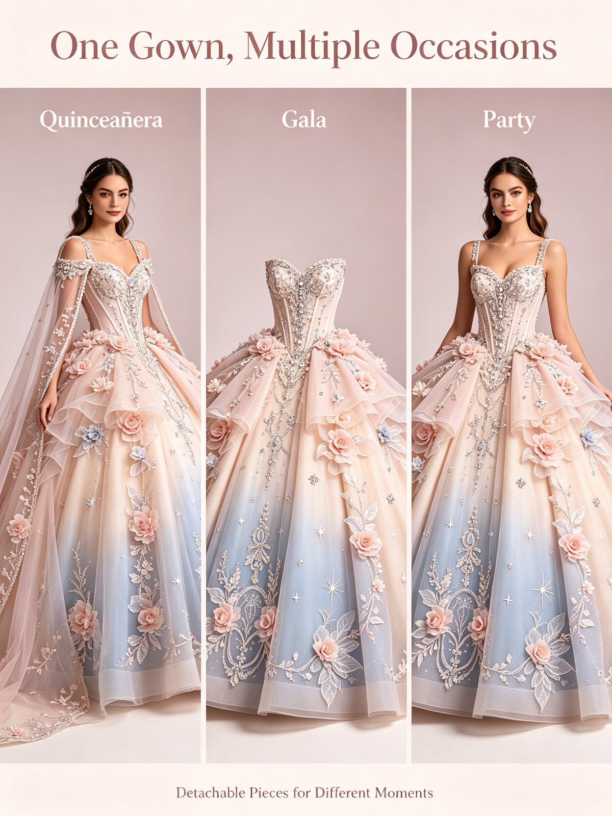 Custom Ombre Quinceañera Ball Gown | Detachable Cape & Train, Plus Size US0-US30