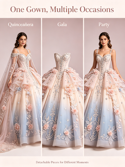 Custom Ombre Quinceañera Ball Gown | Detachable Cape & Train, Plus Size US0-US30