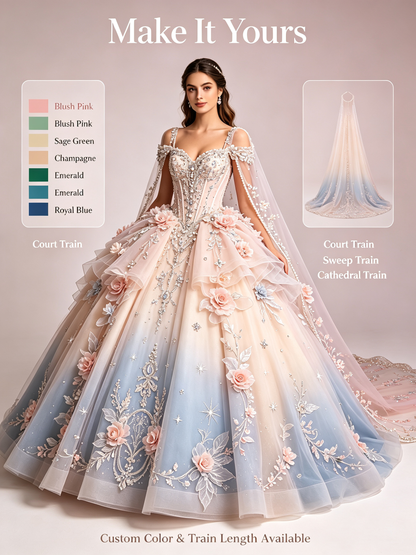 Custom Ombre Quinceañera Ball Gown | Detachable Cape & Train, Plus Size US0-US30