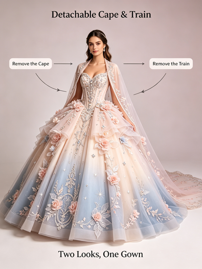 Custom Ombre Quinceañera Ball Gown | Detachable Cape & Train, Plus Size US0-US30