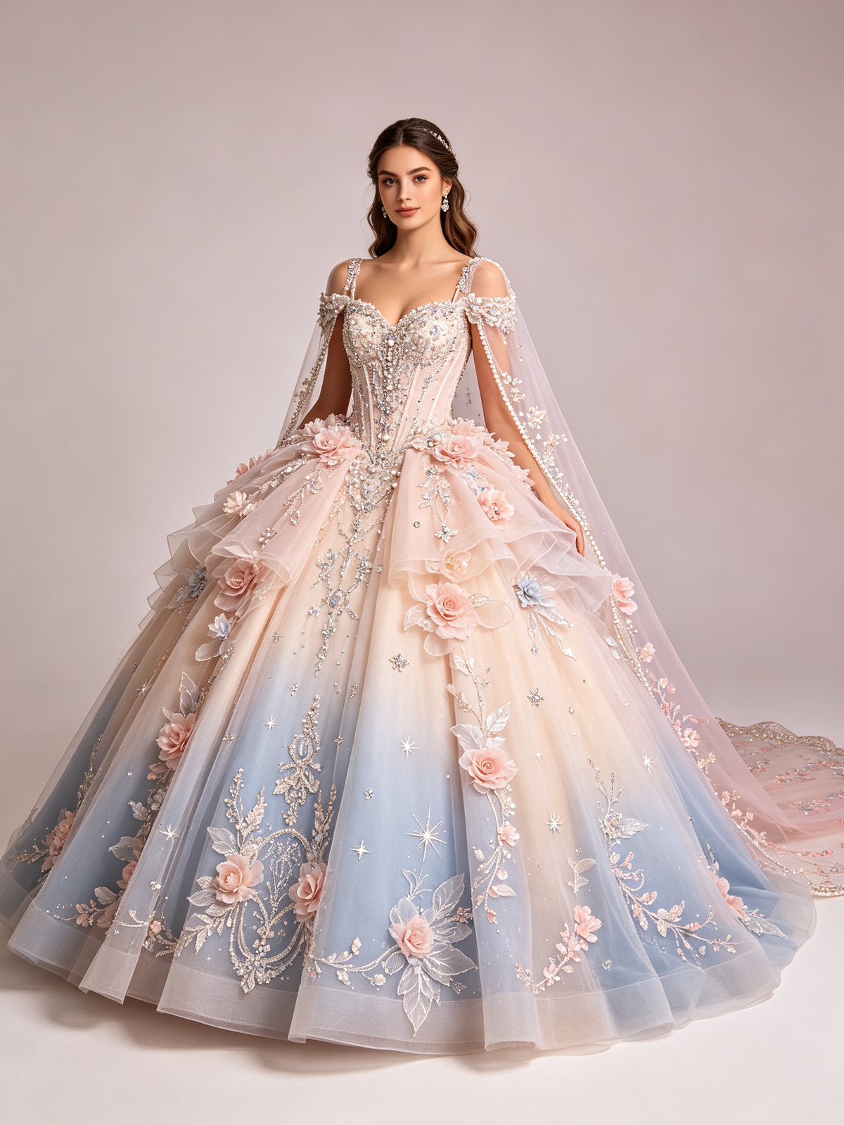 Custom Ombre Quinceañera Ball Gown | Detachable Cape & Train, Plus Size US0-US30