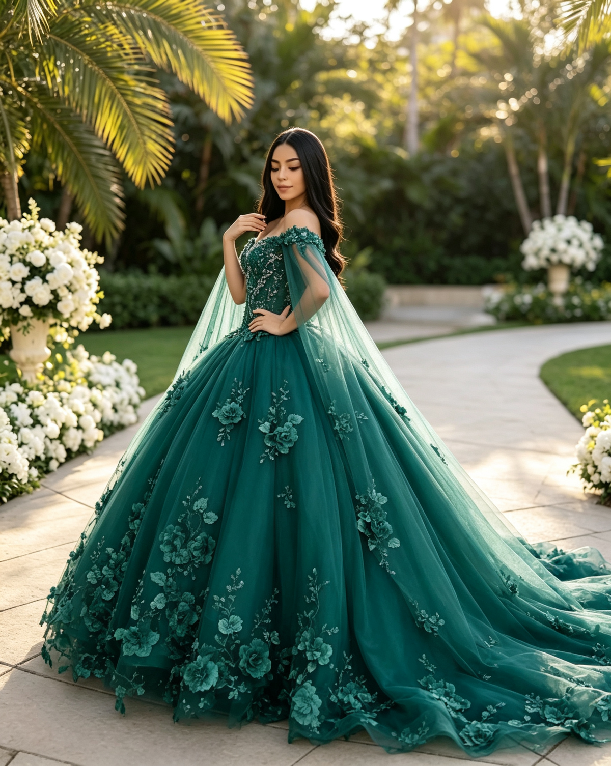 Emerald Green Quinceañera Ball Gown with Detachable Cape | Custom Color US0‑US30