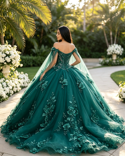 Emerald Green Quinceañera Ball Gown with Detachable Cape | Custom Color US0‑US30