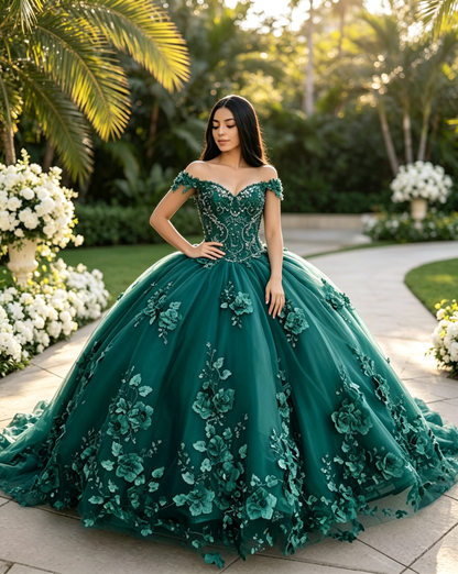 Emerald Green Quinceañera Ball Gown with Detachable Cape | Custom Color US0‑US30