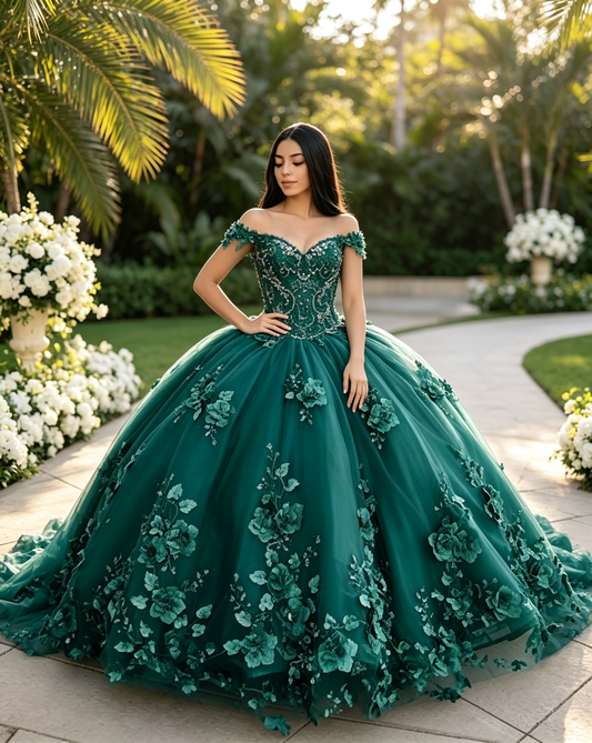 Emerald Green Quinceañera Ball Gown with Detachable Cape | Custom Color US0‑US30
