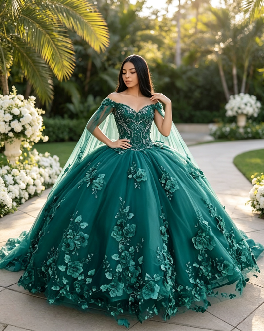 Emerald Green Quinceañera Ball Gown with Detachable Cape | Custom Color US0‑US30