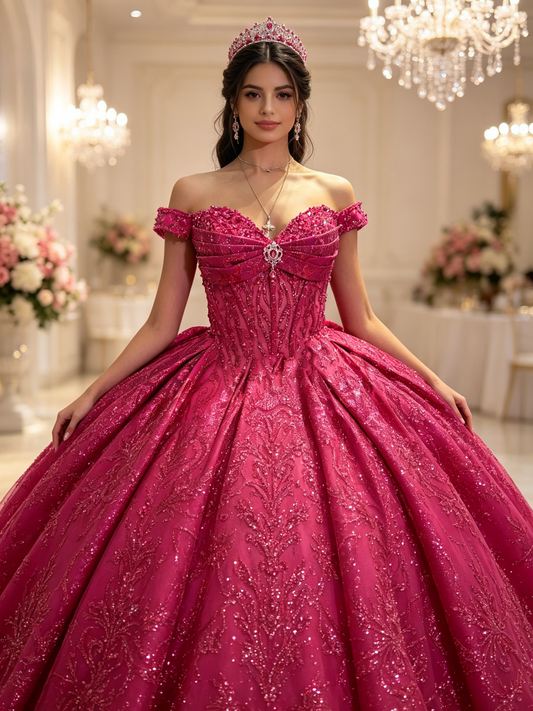 Hot Pink Quinceañera Ball Gown with Detachable Cape | Custom Color US0‑US30