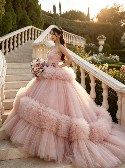 Blush Strapless Quinceañera Ball Gown | Detachable Train Custom Color US0‑US30