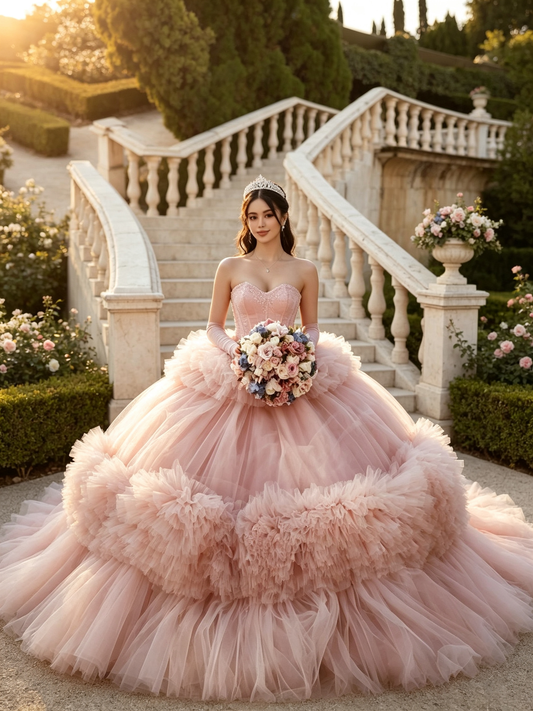 Blush Strapless Quinceañera Ball Gown | Detachable Train Custom Color US0‑US30