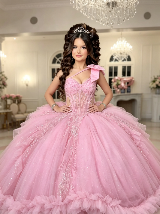 Pink One‑Shoulder Quinceañera Gown With Shoulder Bow | Custom Color US0‑US30