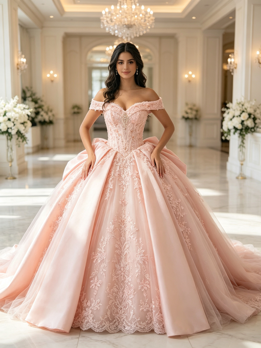 Light Pink Off‑Shoulder Quinceañera Gown With Big Back Bow | Custom Color US0‑US30
