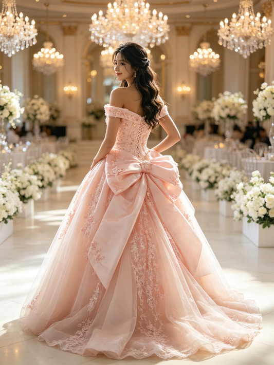 Light Pink Off‑Shoulder Quinceañera Gown With Big Back Bow | Custom Color US0‑US30