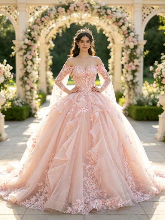 Blush Pink Off‑Shoulder Quinceañera Gown | Lace Sleeve 3D Floral Long Train US0‑US30