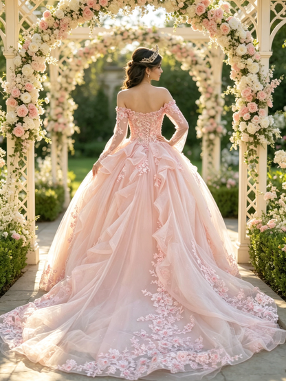 Blush Pink Off‑Shoulder Quinceañera Gown | Lace Sleeve 3D Floral Long Train US0‑US30