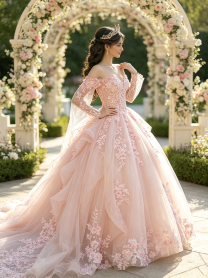 Blush Pink Off‑Shoulder Quinceañera Gown | Lace Sleeve 3D Floral Long Train US0‑US30