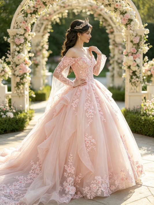 Blush Pink Off‑Shoulder Quinceañera Gown | Lace Sleeve 3D Floral Long Train US0‑US30