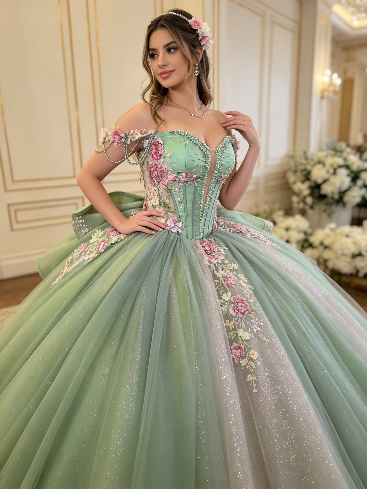 Sage Green Quinceañera Gown | Off‑Shoulder Pearl Chain 3D Floral US0‑US30