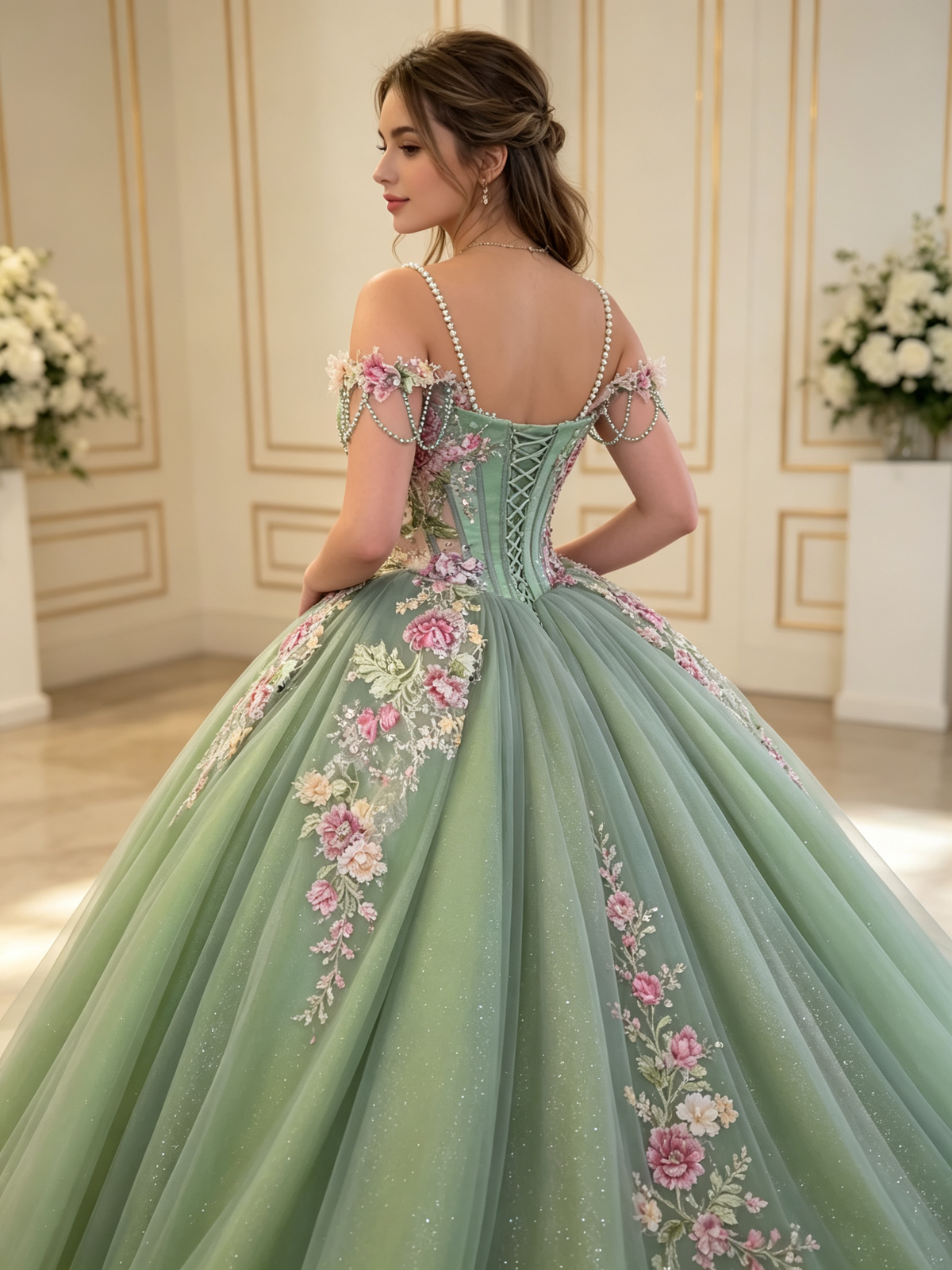 Sage Green Quinceañera Gown | Off‑Shoulder Pearl Chain 3D Floral US0‑US30
