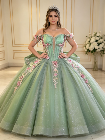Sage Green Quinceañera Gown | Off‑Shoulder Pearl Chain 3D Floral US0‑US30