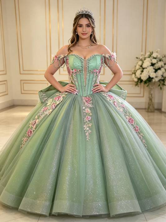 Sage Green Quinceañera Gown | Off‑Shoulder Pearl Chain 3D Floral US0‑US30
