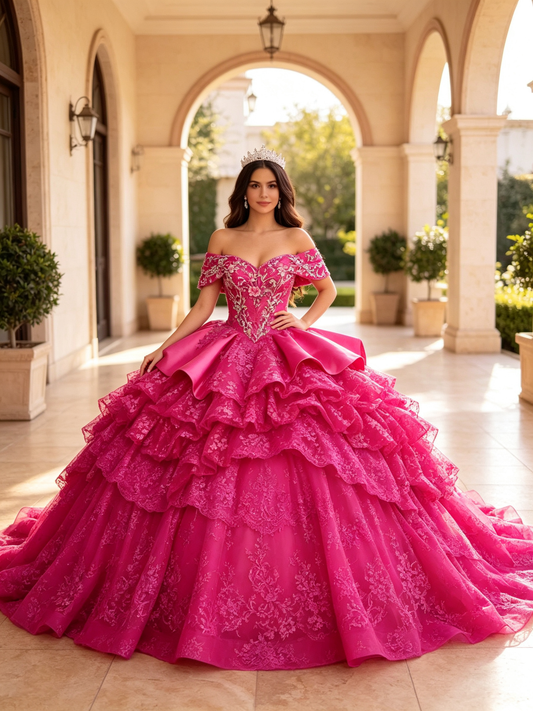 Fuchsia Off‑Shoulder Quinceañera Gown | Beaded Layered Lace Long Train US0‑US30