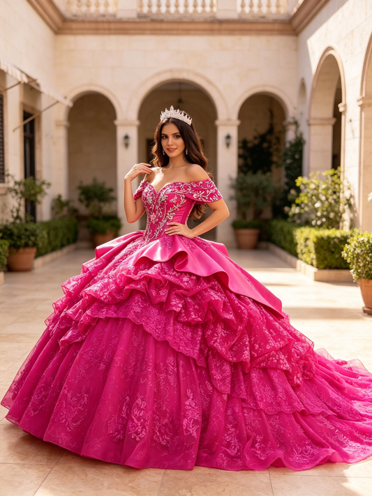 Fuchsia Off‑Shoulder Quinceañera Gown | Beaded Layered Lace Long Train US0‑US30