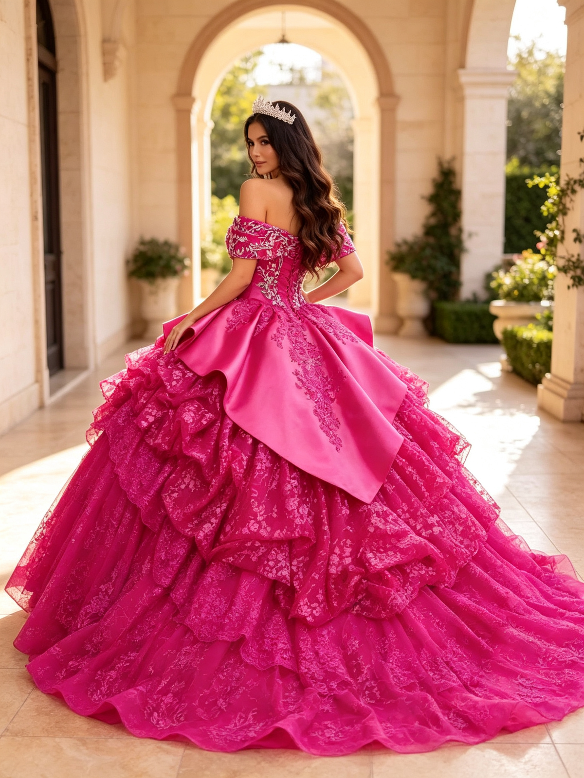 Fuchsia Off‑Shoulder Quinceañera Gown | Beaded Layered Lace Long Train US0‑US30