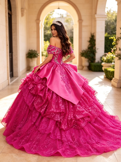 Fuchsia Off‑Shoulder Quinceañera Gown | Beaded Layered Lace Long Train US0‑US30