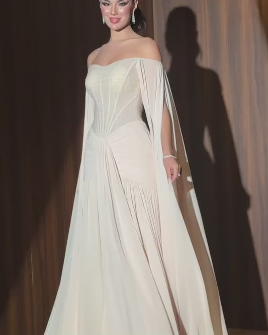 2026 Cream Chiffon A-Line Evening Dress With Cape Sleeves For Women Wedding Party Formal Occasion