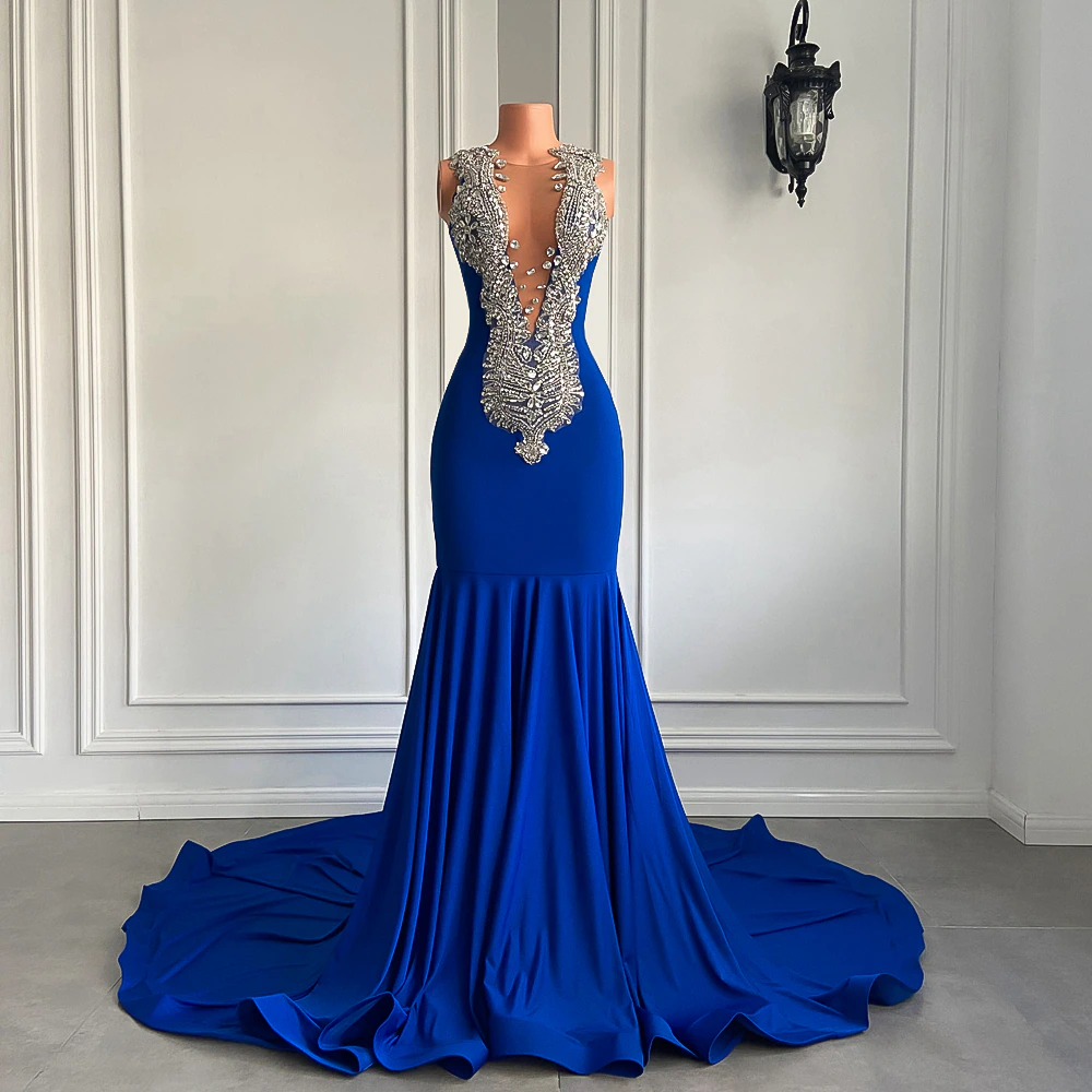 Long Elegant Prom Dresses 2023 Sexy Mermaid Style Luxury Sparkly Diamond Royal Blue Spandex Black Girl Prom Gala Gowns