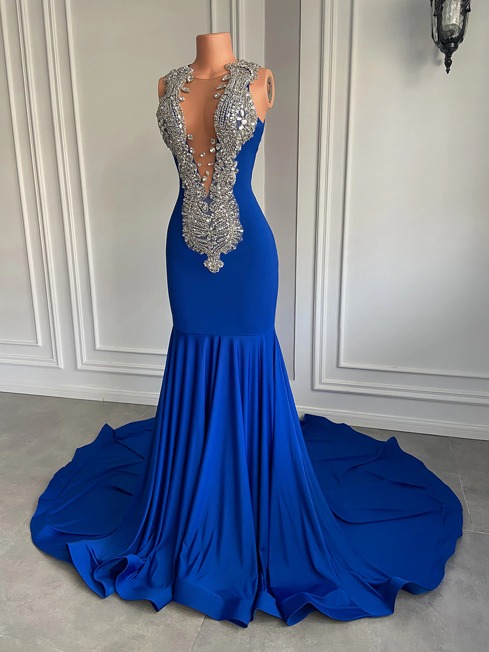 Long Elegant Prom Dresses 2023 Sexy Mermaid Style Luxury Sparkly Diamond Royal Blue Spandex Black Girl Prom Gala Gowns