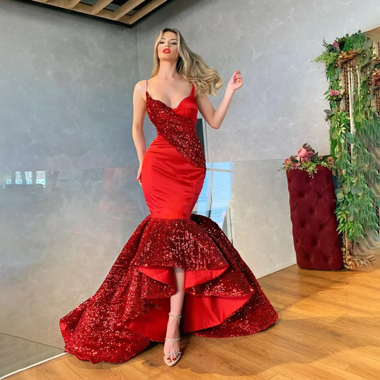 Spaghetti Straps Sequins Mermaid Prom Dresses Red Sweetheart Long Evening Dress Elegant Wedding Party Gowns Robe De Soirée