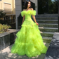 Green Off The Shoulder Ruffled Puffy Princess Prom Dress See Through Long Tulle Evening Party Dresses Robe Soirée Femme Mariage