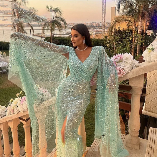 Glitter Sequins Prom Dress With Shawl Mermaid Party Dresses Sexy High Split Trumpet Prom Dresses 2023 Luxury Gowns فساتين السهرة