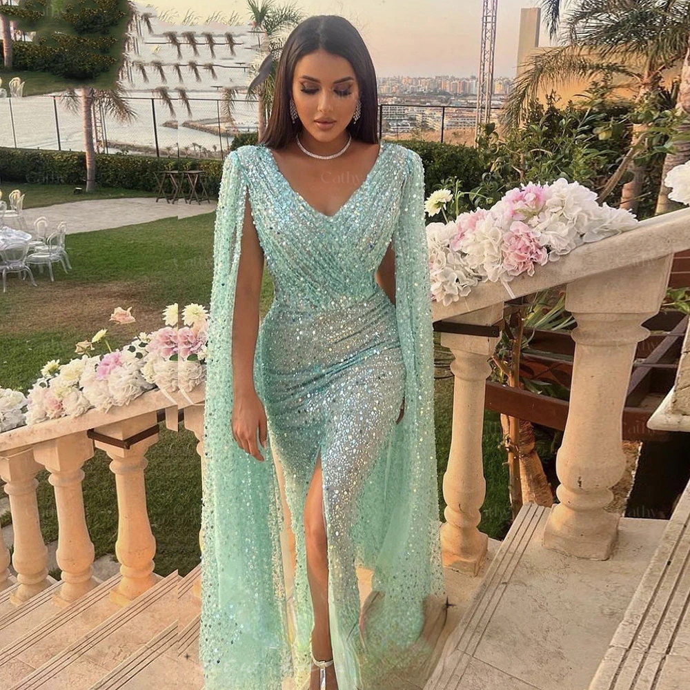 Glitter Sequins Prom Dress With Shawl Mermaid Party Dresses Sexy High Split Trumpet Prom Dresses 2023 Luxury Gowns فساتين السهرة