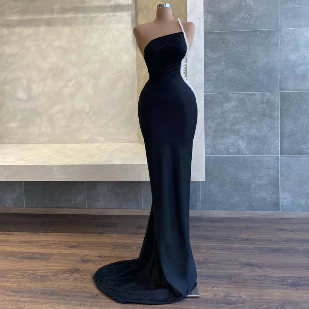 Mermaid Black Prom Dress One Shoulder Pearls Beaded Luxury Prom Gown for Women 2023 Sleeveless Formal Wedding Party Dresses Long