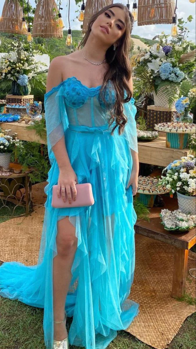 Off The Shoulder Blue Long Prom Dress,Charming Blue Evening Dress