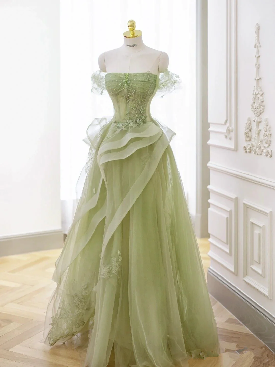 Sage Green Tulle Prom Dress,A-line Tulle Prom Gown