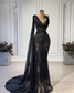 Black Luxury Evening Party Dresses Sheer-Neck Prom Gowns For Elegant Women Sweep Train Sequined Lace Appliques Vestidos De Gala