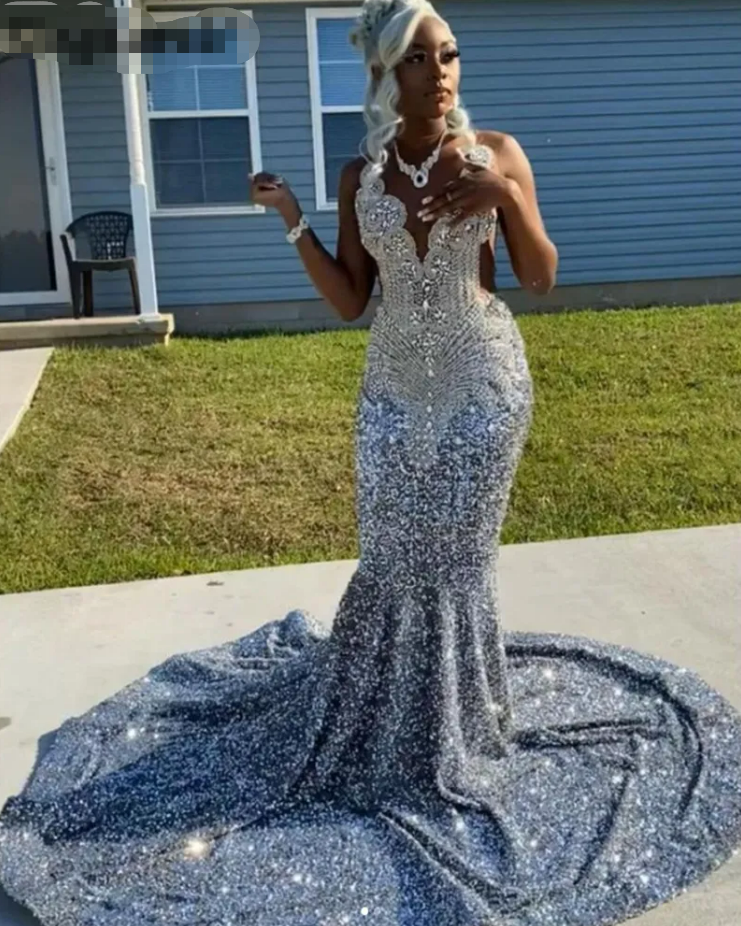 New Arrival 2023 Silver Mermaid Prom Dress 2023 For Black Girls Crystals Rhinestones Birthday Party Gown Court Train Robe De Bal