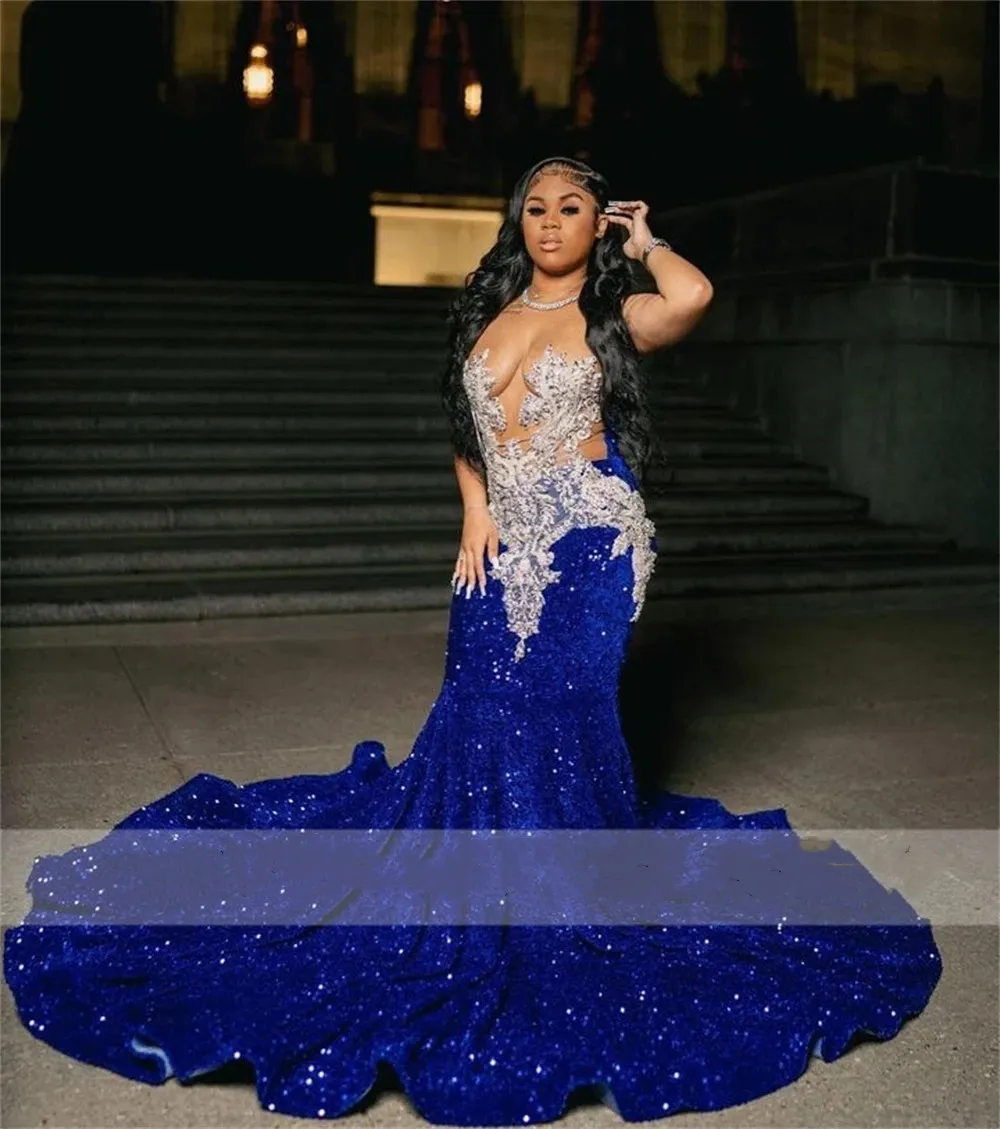 Royal Blue Sequins Mermaid Prom Dresses With Sheer Neck Plus Size Formal Evening Occasion Gowns Cheap