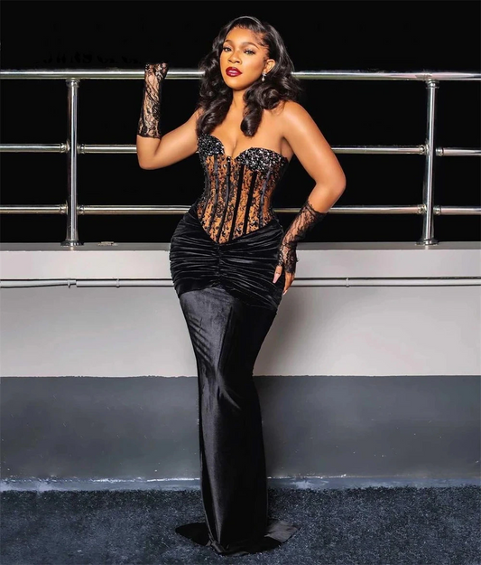 Vestidos de noche de sirena de terciopelo negro, vestidos formales africanos, vestidos de fiesta con escote corazón y cuentas, elegantes 