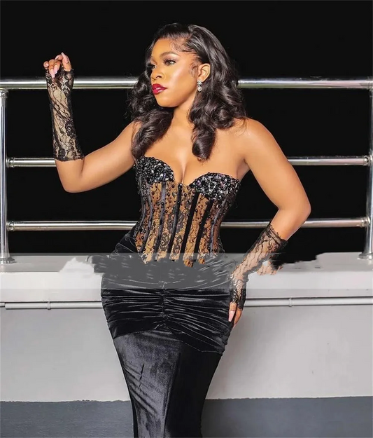 Vestidos de noche de sirena de terciopelo negro, vestidos formales africanos, vestidos de fiesta con escote corazón y cuentas, elegantes 