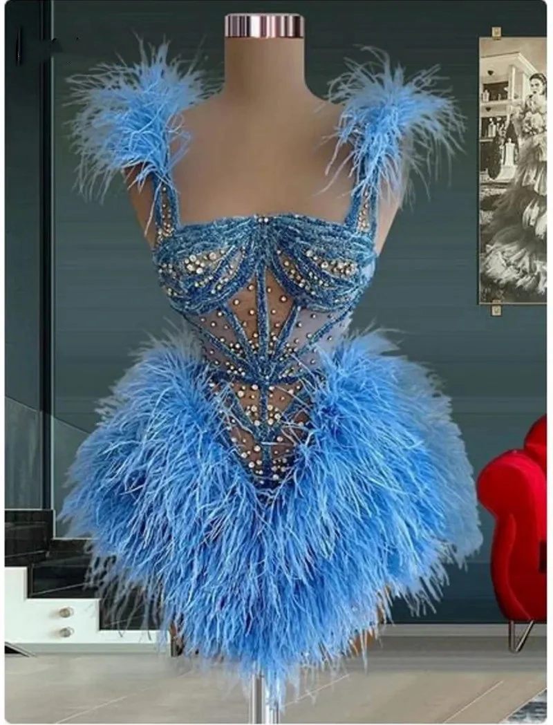Luxury Blue Feathers Short Prom Dresses 2023 Crystal Beading Mini Party Dress For Women Cocktail Evening Gowns