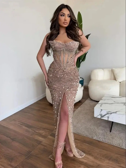 Vestido de festa luxuoso estilo sereia com glitter champanhe, ombro de fora, fenda lateral, lantejoulas, comprimento até o chão, sexy