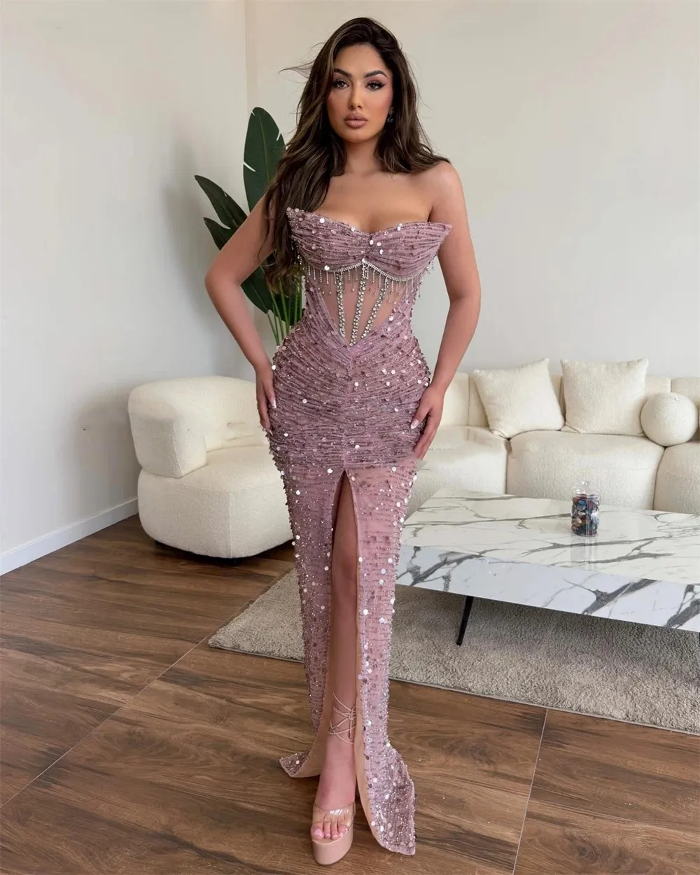 Vestido de festa luxuoso estilo sereia com glitter champanhe, ombro de fora, fenda lateral, lantejoulas, comprimento até o chão, sexy