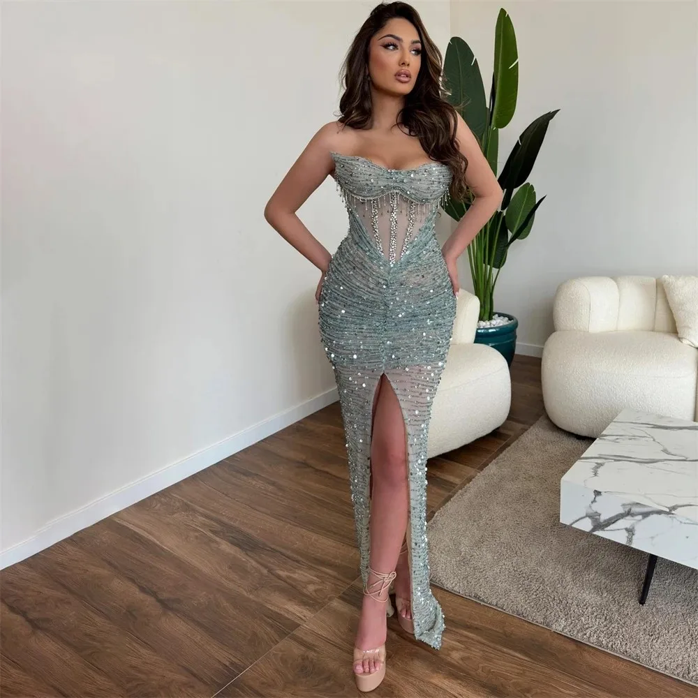 Luxury Champagne Glitter Mermaid Evening Dresses Sweeheart Off Shoulder Side Slit Sequins Floor Length Sexy Prom Dress 2023